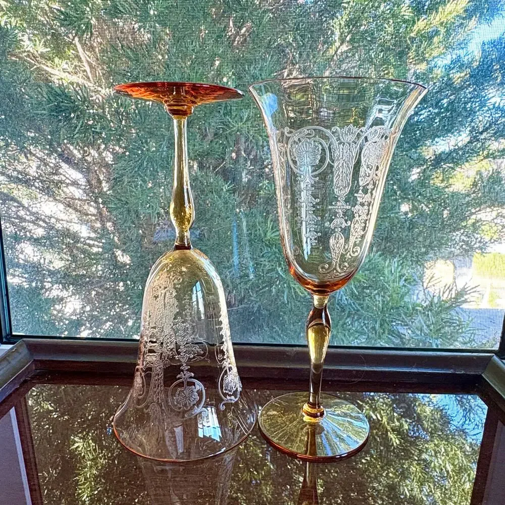 Set of 2 1940s Vintage Etched Amber Stem Wine Goblets Art Deco Glass UV Red Glow